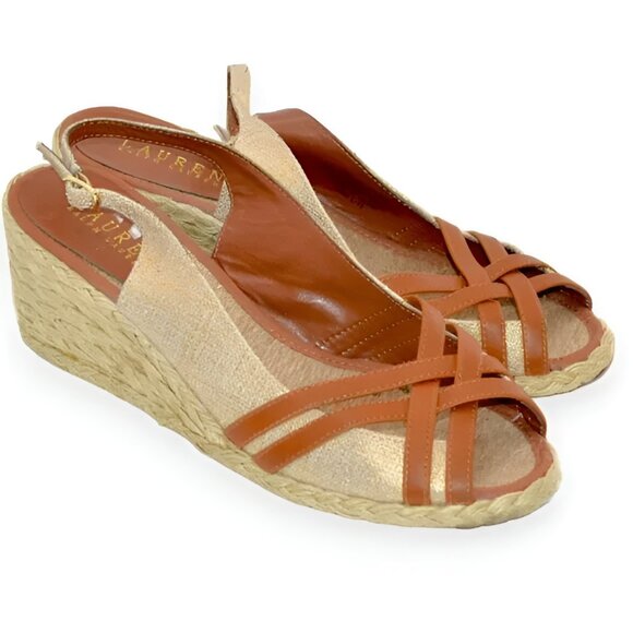 Ralph Lauren Linen Brown Leather Gold Foil Slingback Wedges Heels Sandals 9.5 - Picture 2 of 10